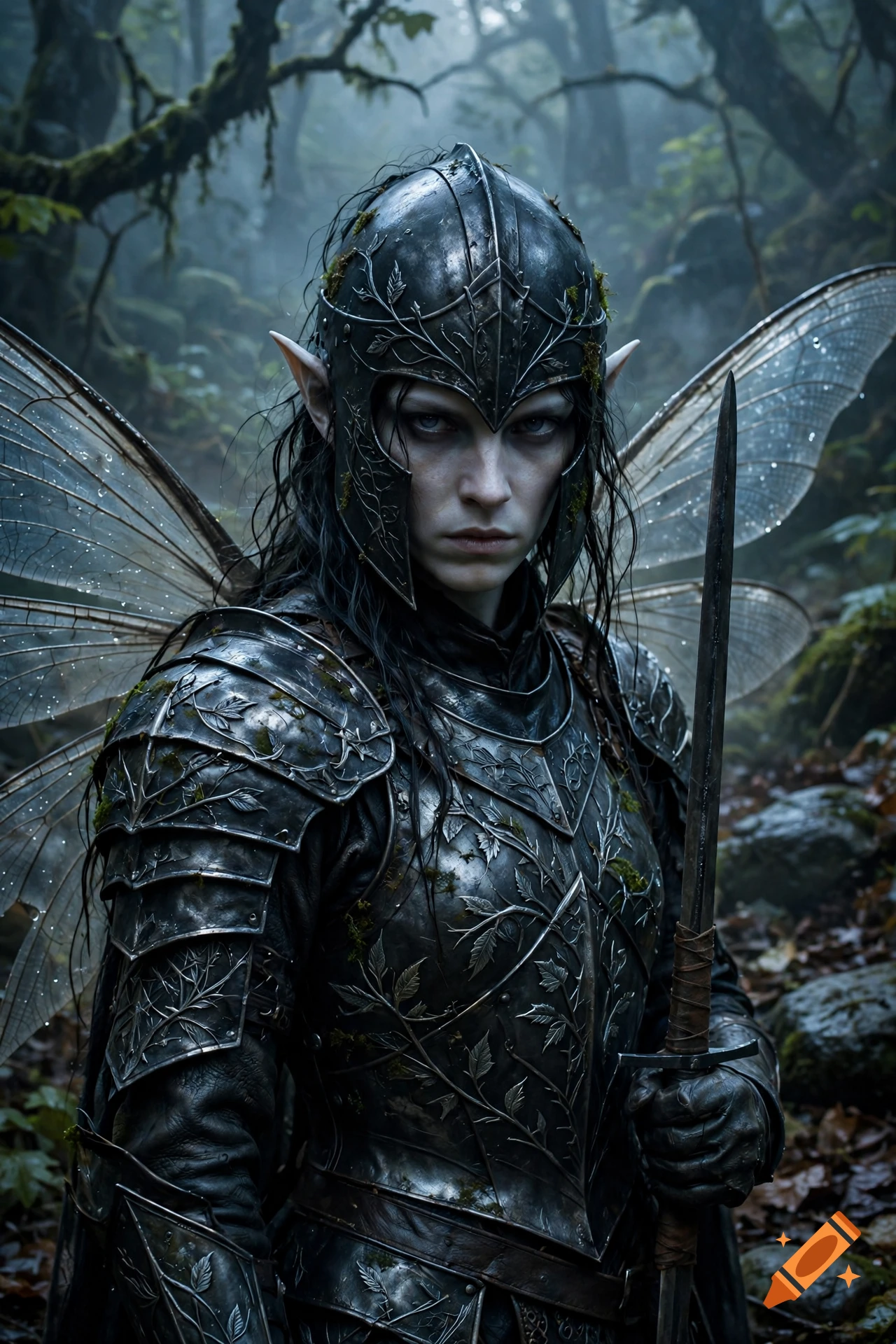 A fantasy warrior in dark metal armor and a matching helmet with translucent insect wings in a misty forest.