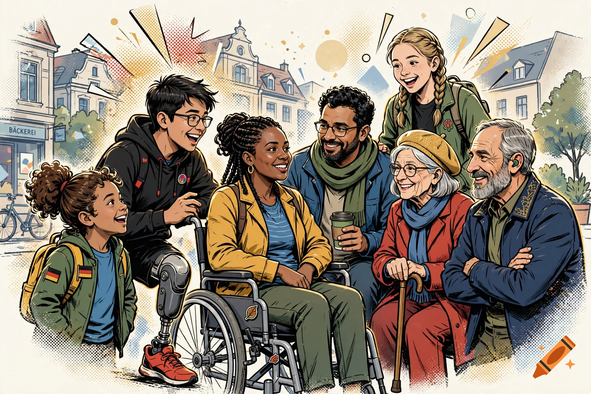 Comic style illustration of a diverse group of German people of various ages, ethnicities, and with disabilities smiling together.