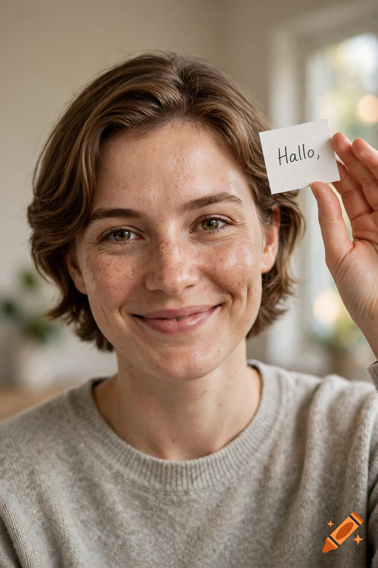Close-up photorealistic portrait of a smiling young woman with freckles, holding up a small paper note that reads "Hallo,"