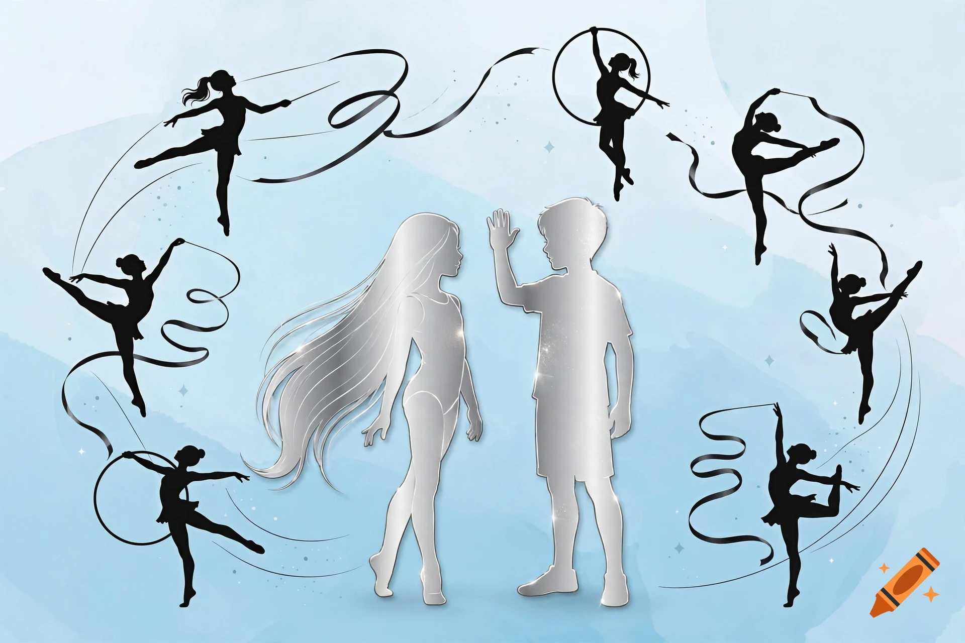 Silver paper-cut silhouettes of a girl and boy surrounded by black rhythmic gymnastics silhouettes on a pastel blue watercolor background.