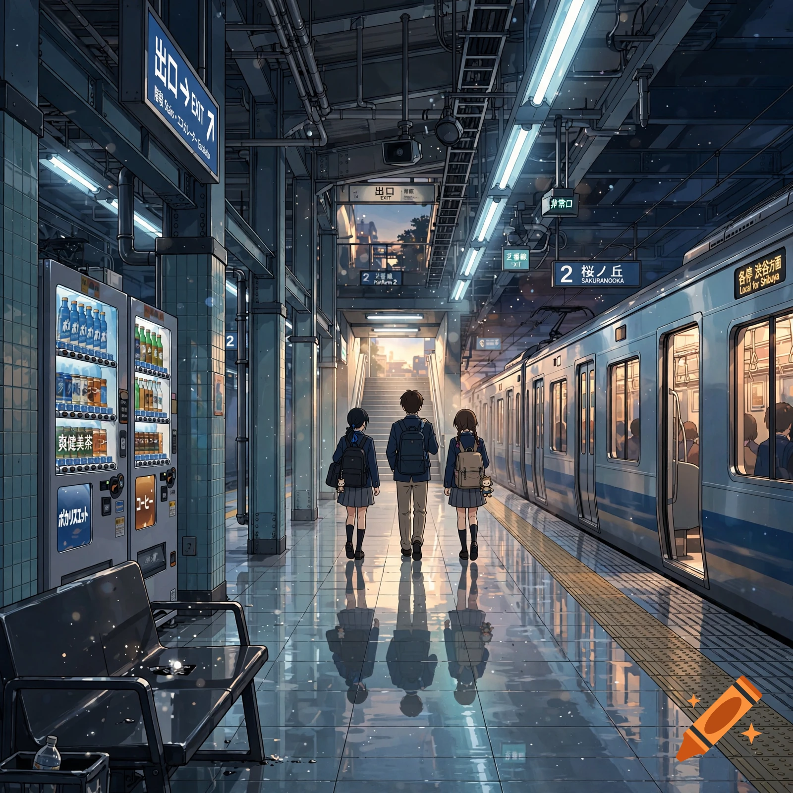 Anime style illustration of three students walking down the platform of a crowded underground train station at after-school hours.
