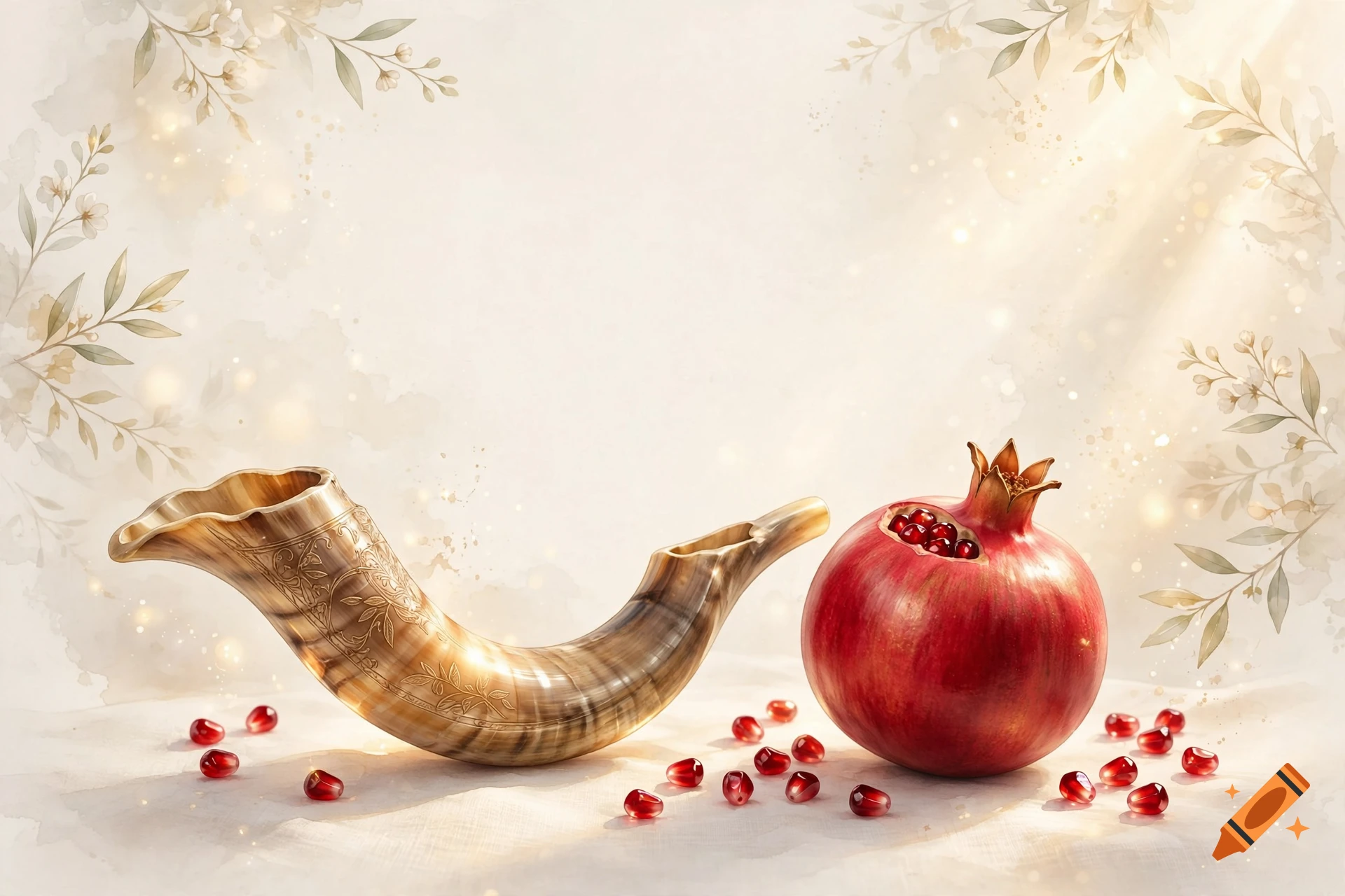 A shofar horn and a pomegranate with scattered seeds on a light-colored surface with floral watercolor accents.