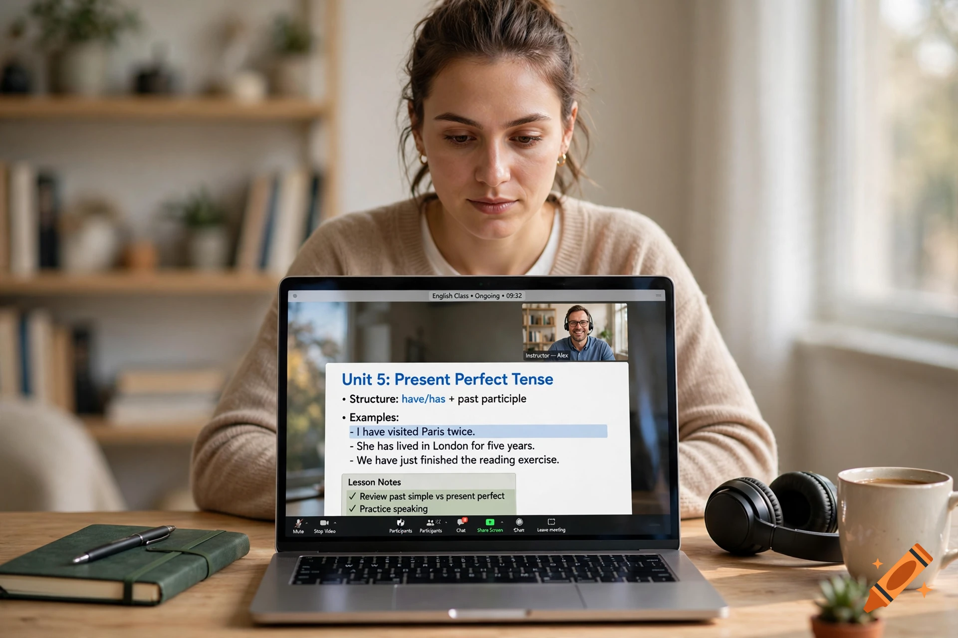 A woman participating in an online English class via video call on a laptop computer.