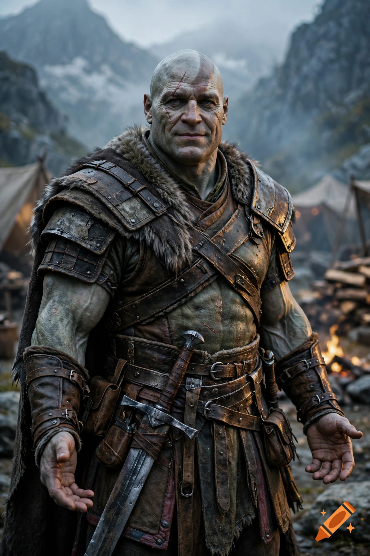 Photorealistic portrait of a kind-looking bald goliath fighter with green-gray skin, wearing leather armor and fur in a mountain camp setting.