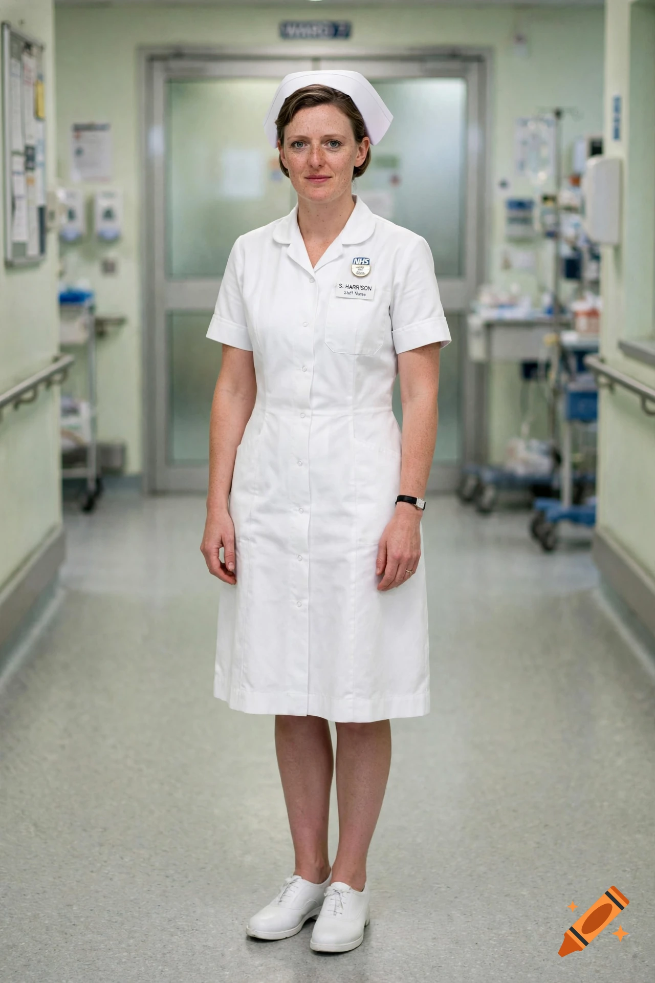Photorealistic full-length portrait of a UK nurse in a 1990s white uniform standing in a hospital corridor.