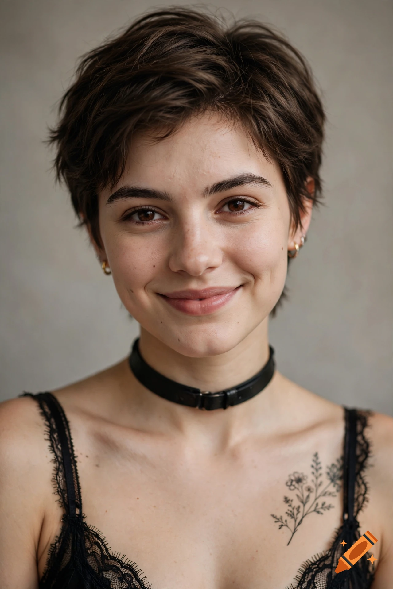 Photorealistic frontal portrait of an 18-year-old woman with short brunette hair, dark eyes, wearing a black collar and black lace lingerie.