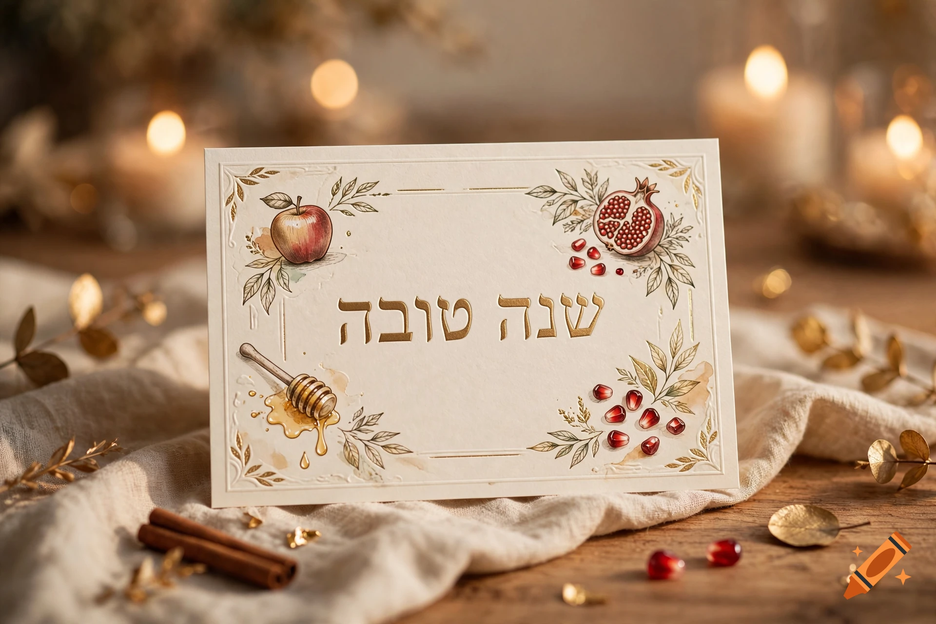 Rosh Hashanah greeting card with Hebrew text, pomegranate, apple, and honey on a wooden table.