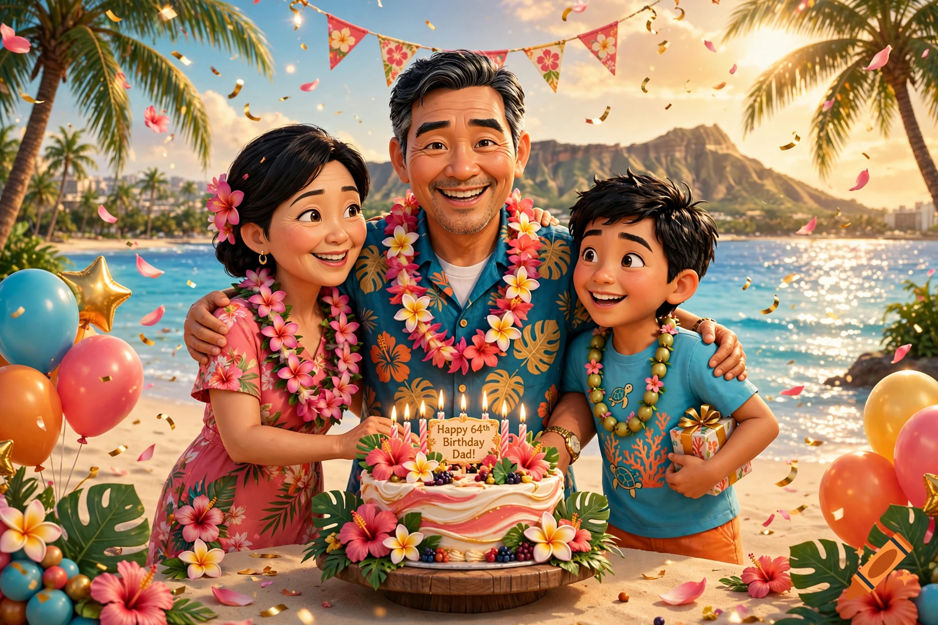 An animated style illustration of an Asian family celebrating a 64th birthday on a tropical beach in Waikiki.