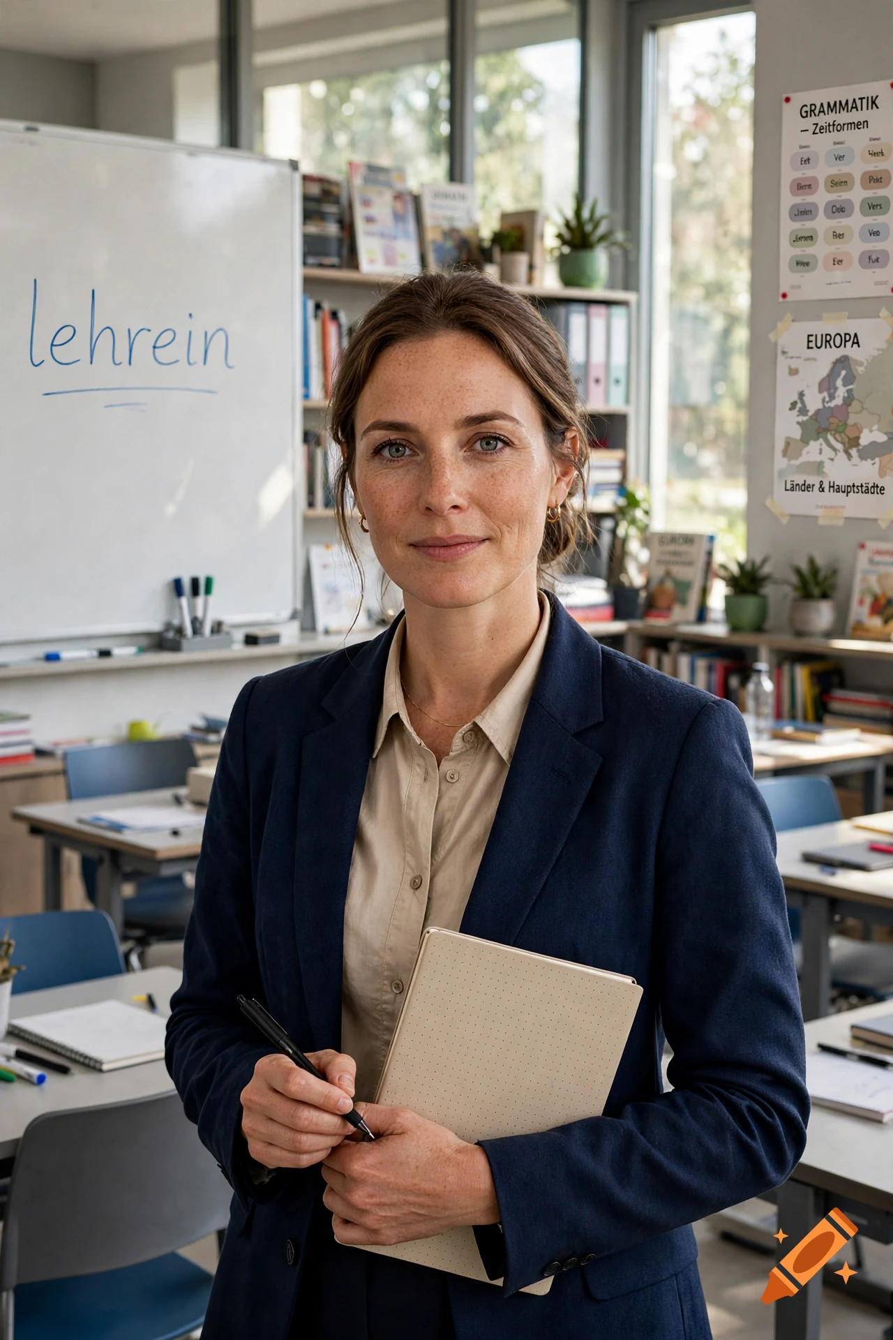 Photorealistic medium shot of a female teacher holding a notebook and pen in a classroom with a whiteboard.