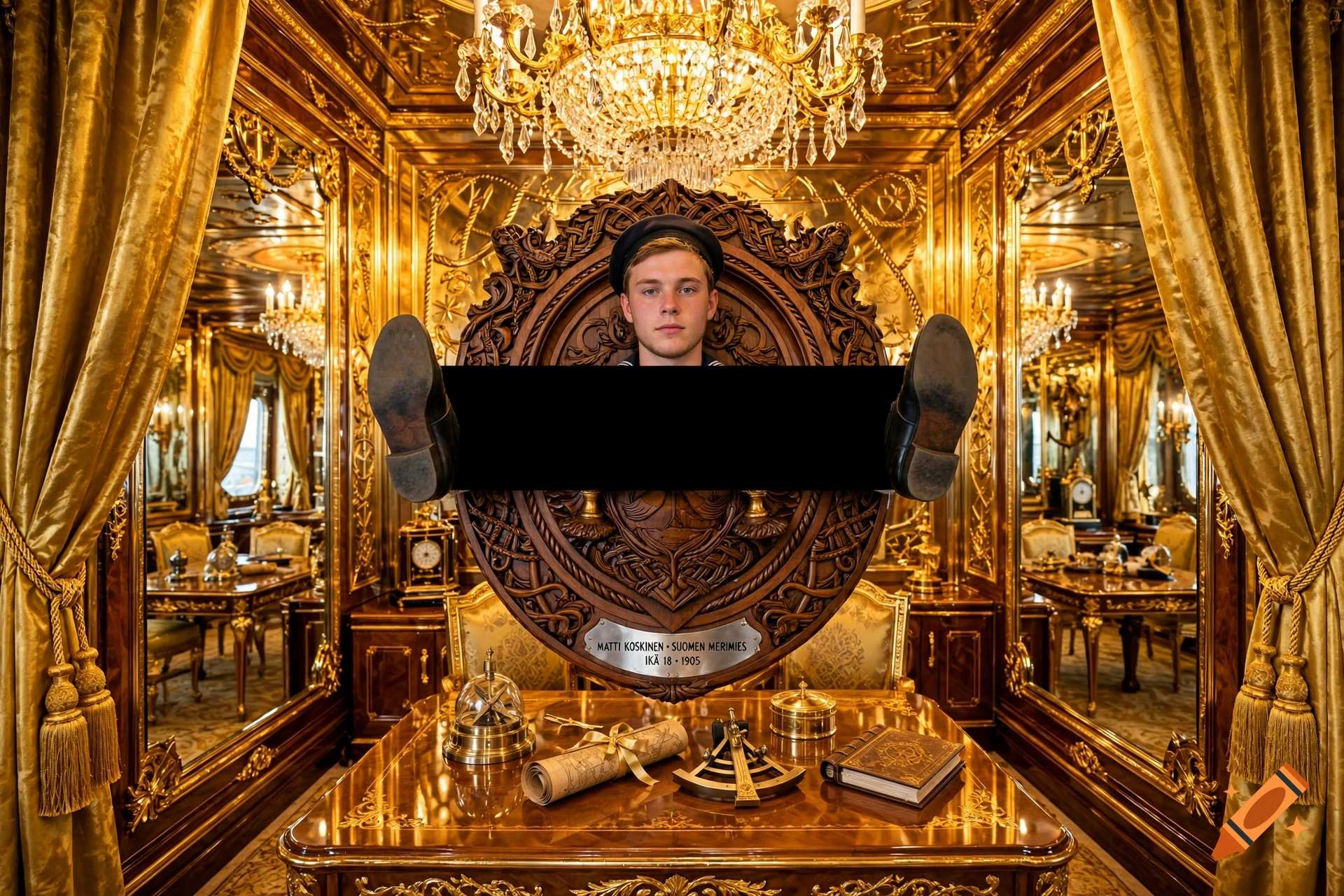 Photorealistic image of a young man's head and feet mounted on an ornate wooden shield inside a golden room.