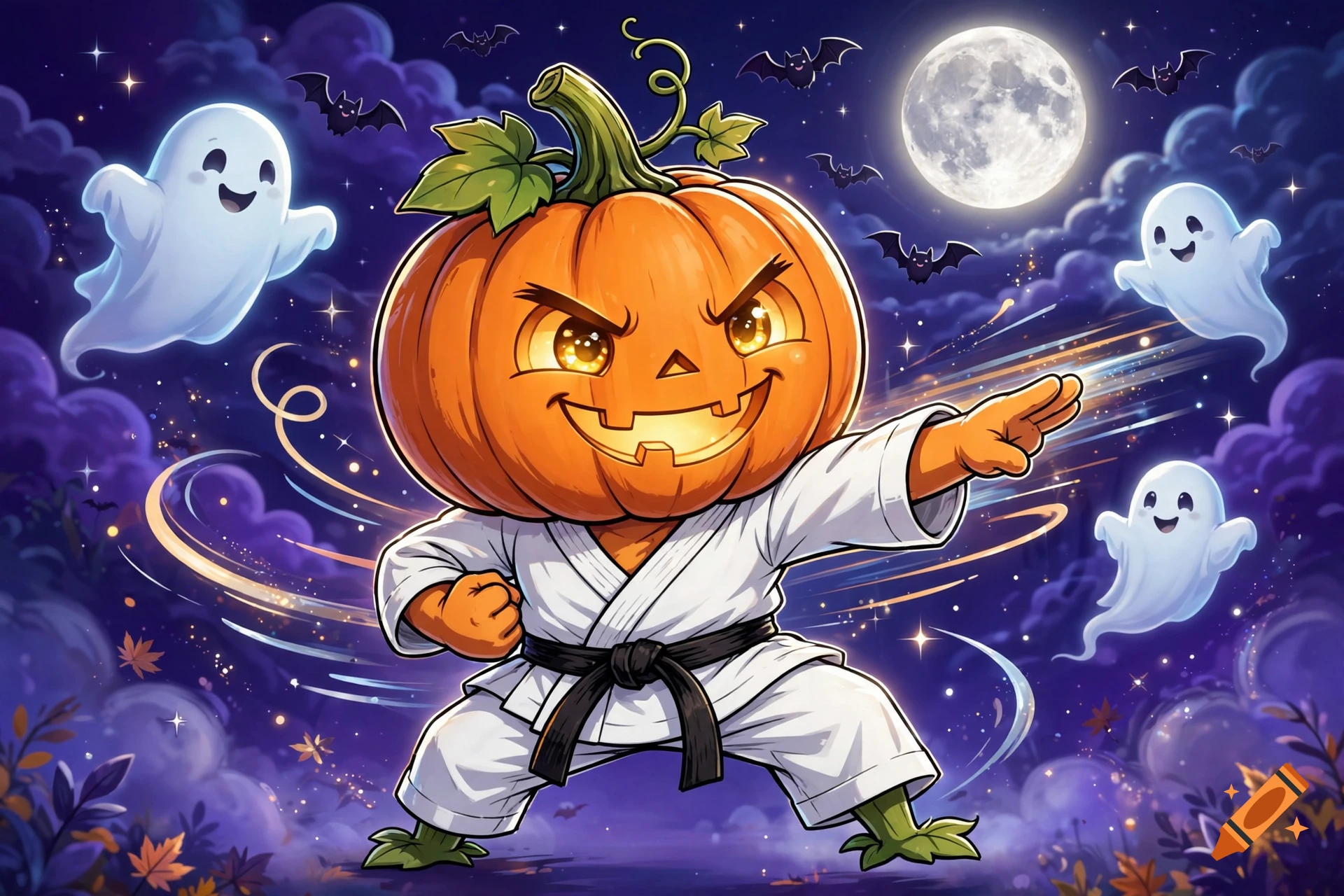 Cartoon pumpkin character wearing a karate uniform and black belt doing a karate chop, surrounded by flying ghosts and bats under a full moon in a purple night sky, digital art style.