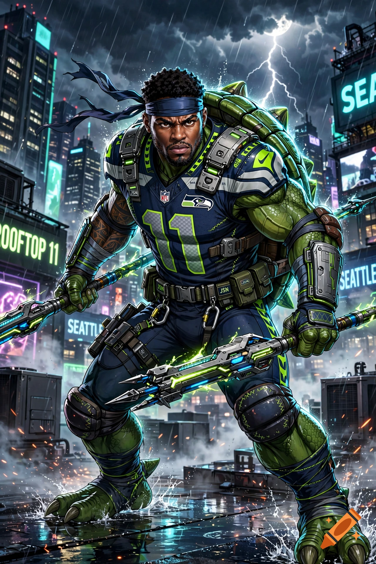 NFL player Jaxon Smith-Njigba depicted as a fierce ninja turtle in tactical gear holding spiked staffs in a rainy city street.