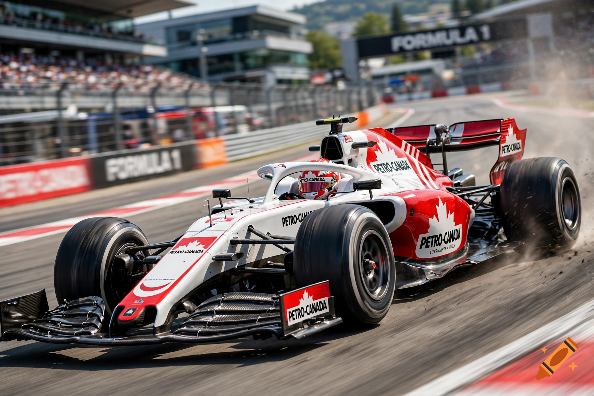 A red and white Formula 1 racing car speeds around a track, kicking up dust with blurred grandstands in the background.
