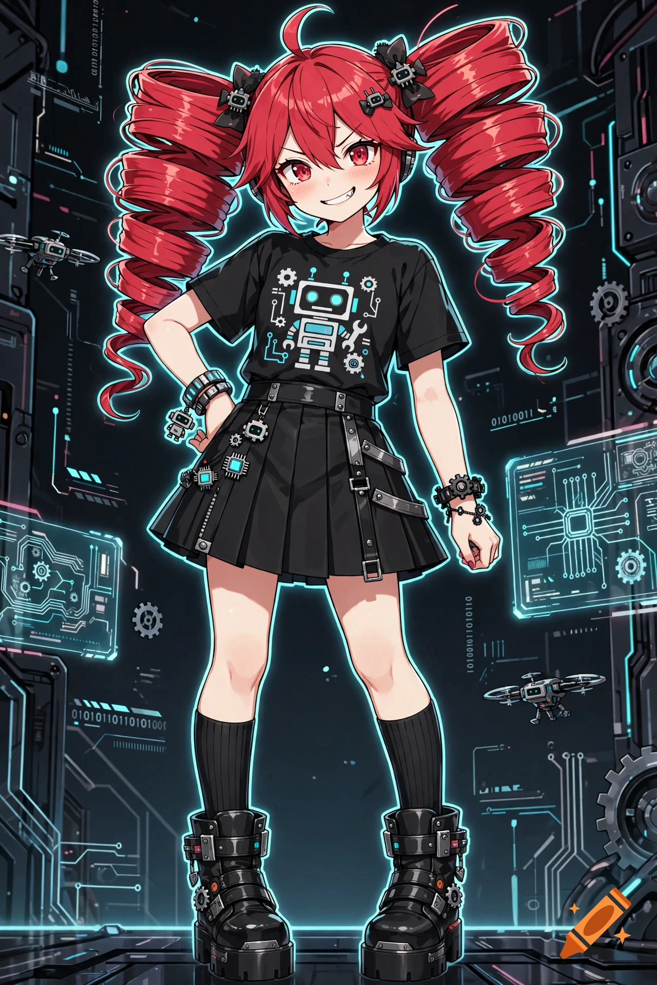 Anime illustration of a girl with red twin tails and a robot t-shirt in a cyberpunk setting.