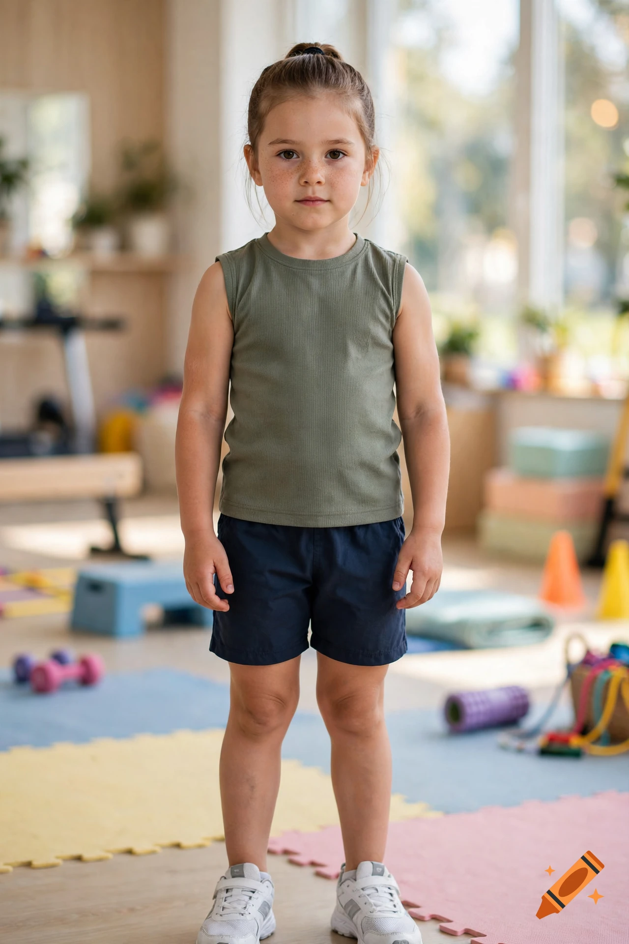 Photorealistic full-body portrait of a 5-year-old girl with athletic build and freckles standing in a brightly lit gym.