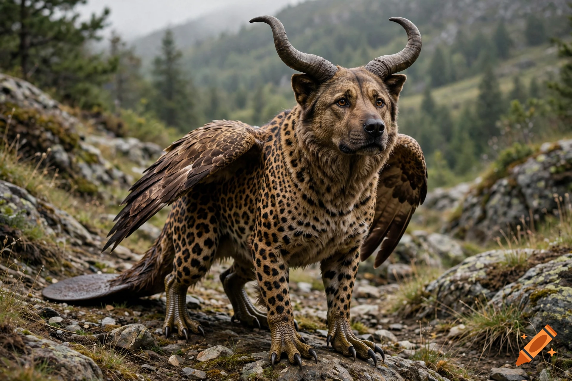 Photorealistic chimerical creature with a dog's head, bull horns, leopard body, bird wings, eagle legs, and beaver tail in a rocky mountain setting.