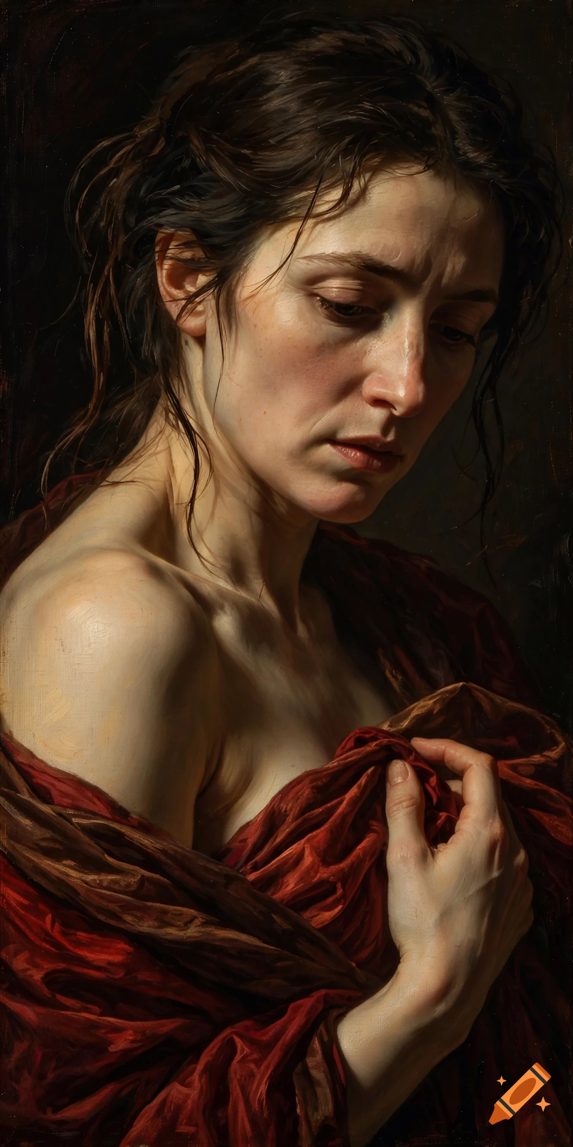 An oil painting portrait of a woman with dark hair holding a red fabric wrap around her shoulder, looking downward.