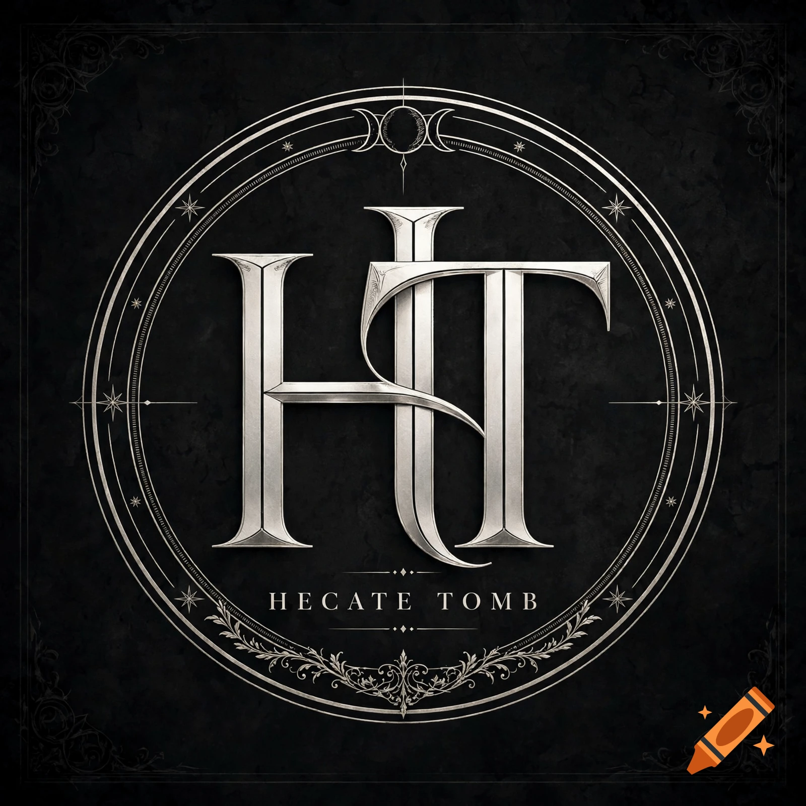 Silver monogram HT with the text Hecate Tomb inside an intricate dark circle frame.