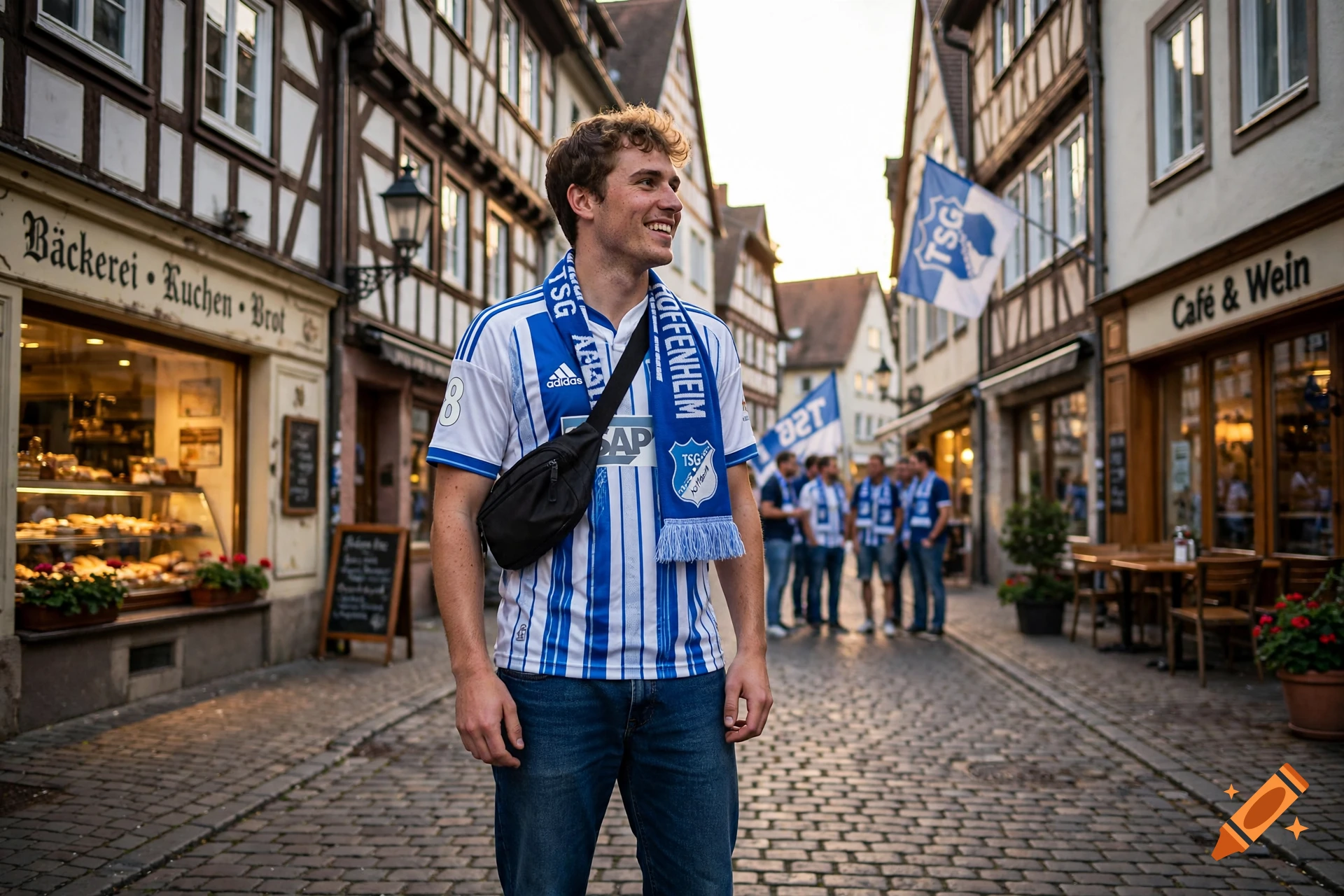 Photorealistic image of a smiling young man in a blue and white football jersey and scarf, standing on a cobblestone street in Mosbach with half-timbered houses.
