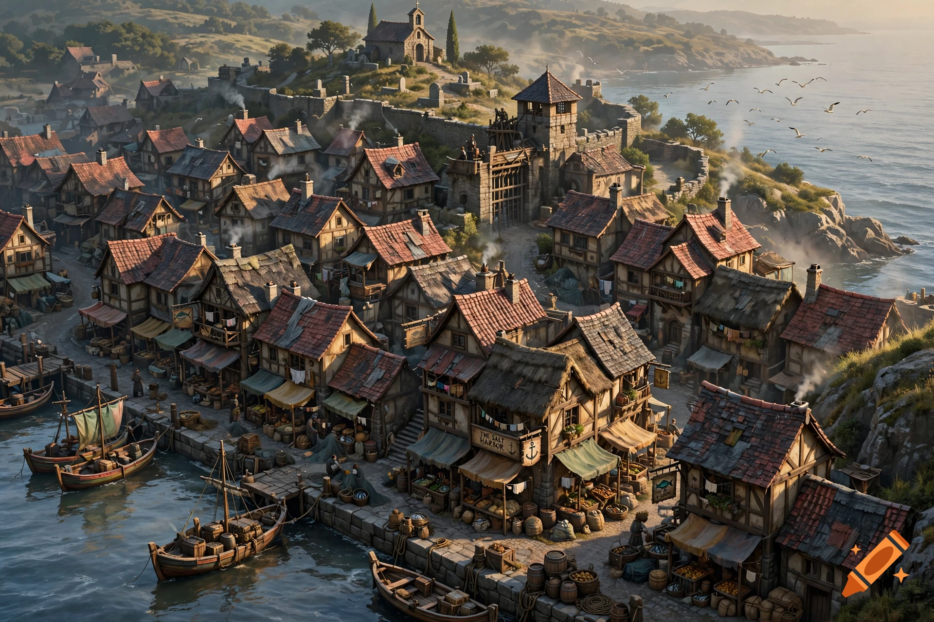 High angle view of a bustling medieval harbor town with timber-framed houses, stone walls, and docked boats by the sea, digital painting style.