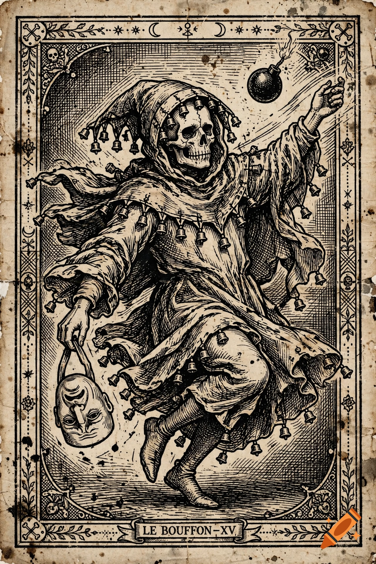 Medieval woodcut engraving of a skeleton jester dancing with a bomb and mask, tarot card style.