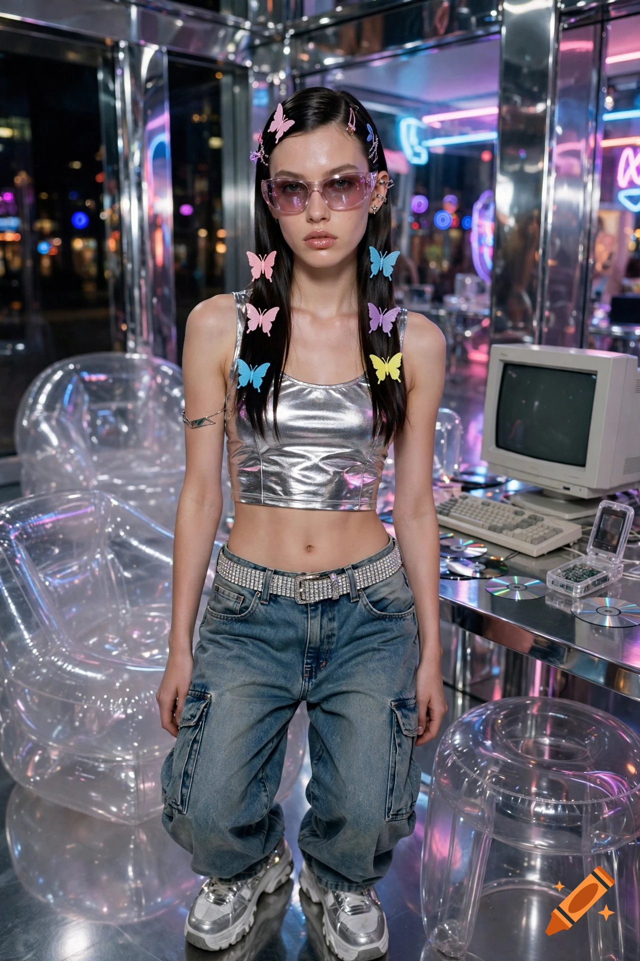 Photorealistic image of a young woman with butterfly clips in her hair, wearing a silver crop top and baggy jeans in a futuristic Y2K style room.