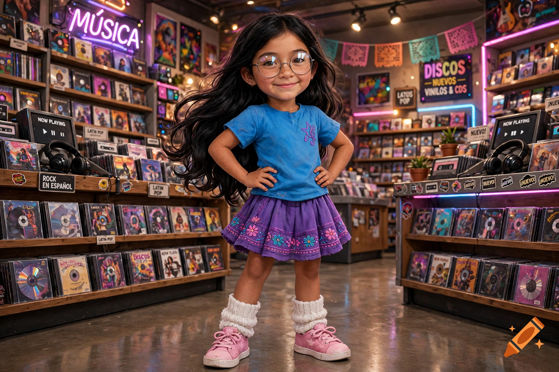A young girl with long dark hair, round glasses, and a blue shirt standing in a music store filled with CDs and vinyl records.