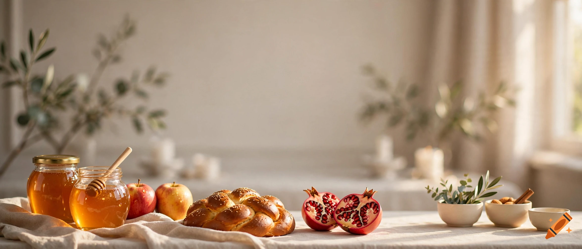 A rustic table setting featuring a jar of honey with a honey dipper, fresh apples, challah bread, cut pomegranates, and small bowls of nuts and greenery.