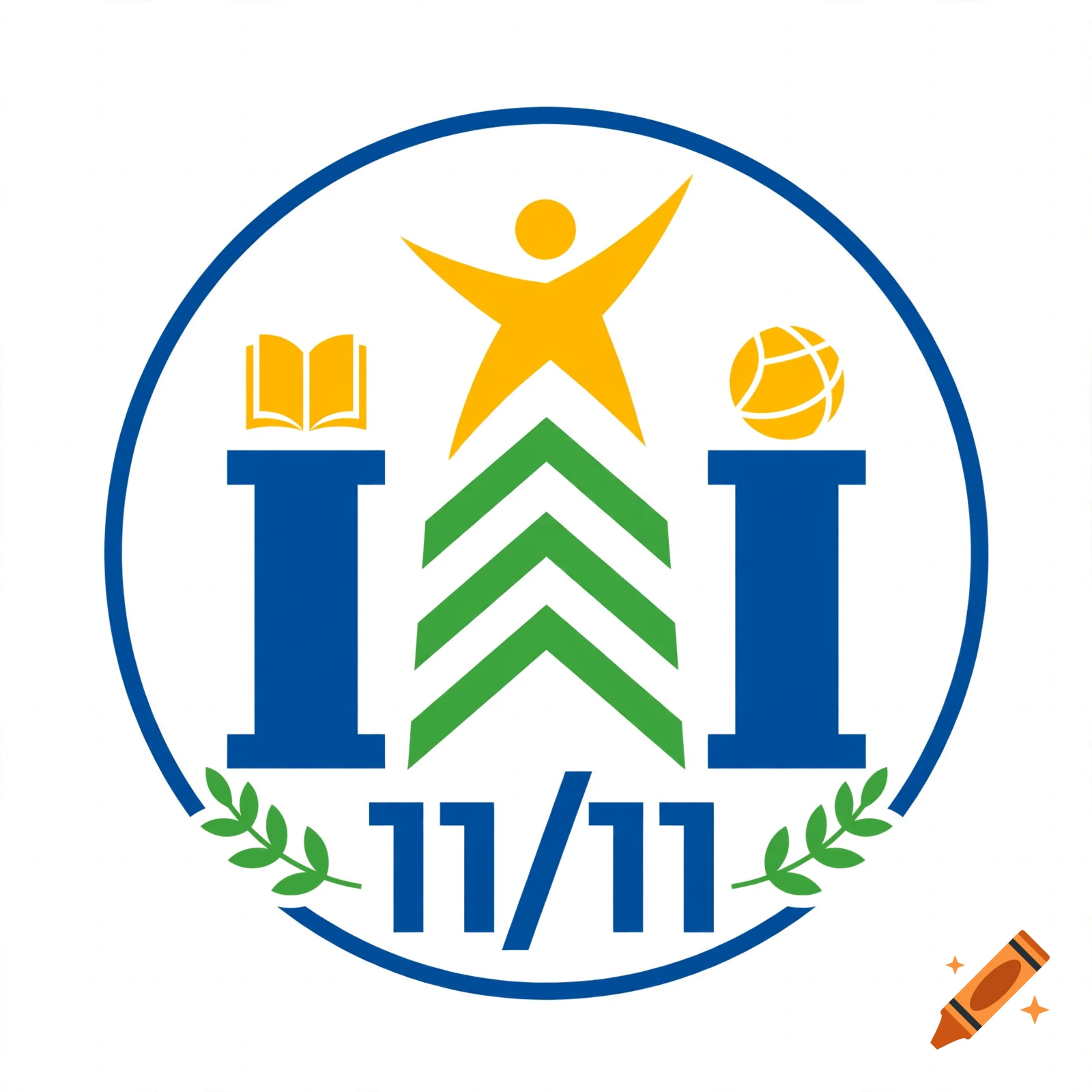 Round logo with blue and green symbols including a book, globe, and the number 11/11.