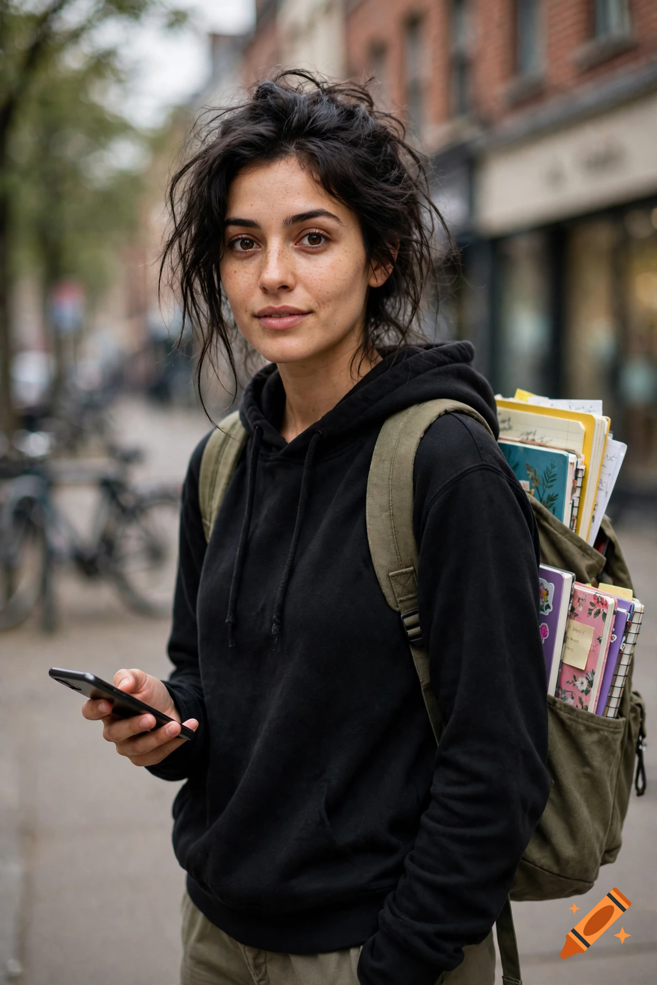 Photorealistic portrait of a young woman with dark messy hair and freckles, wearing a black hoodie and carrying a backpack full of notebooks, looking at her smartphone on a city street.