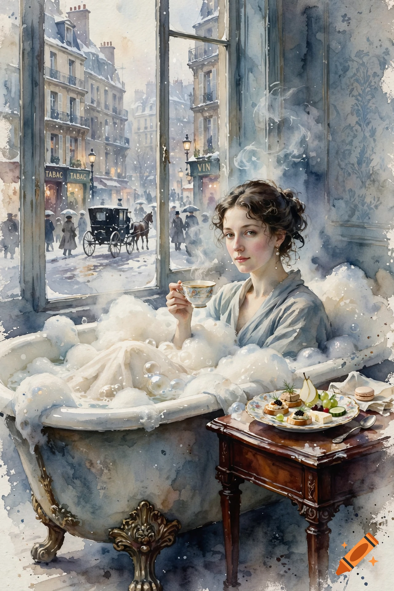 Watercolor painting of a woman in a bubble bath holding a teacup, looking at the camera, with a snowy Parisian street view outside the window.