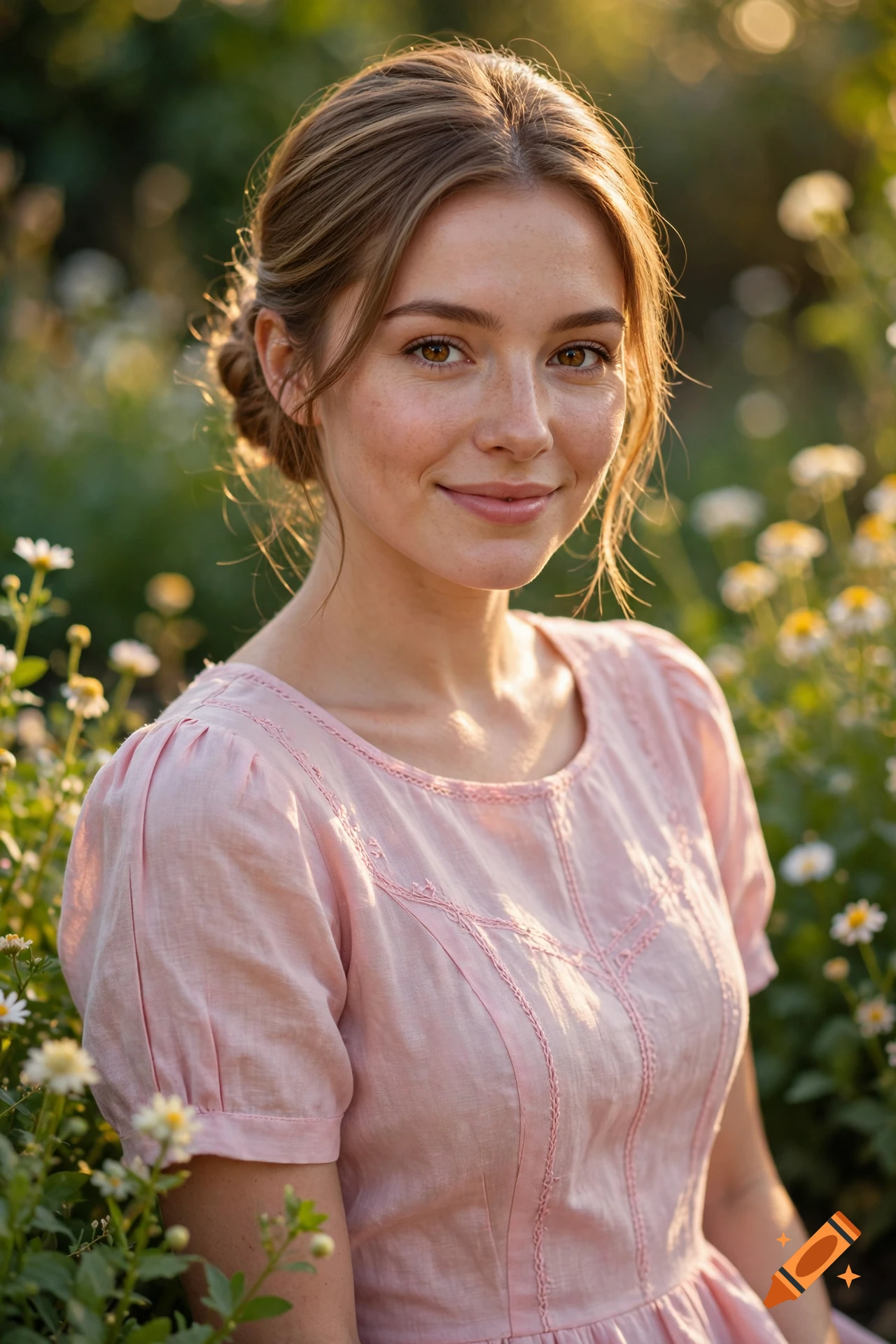 Close-up photorealistic portrait of a smiling young woman with light brown hair in a bun, wearing a pink dress in a field of daisies.