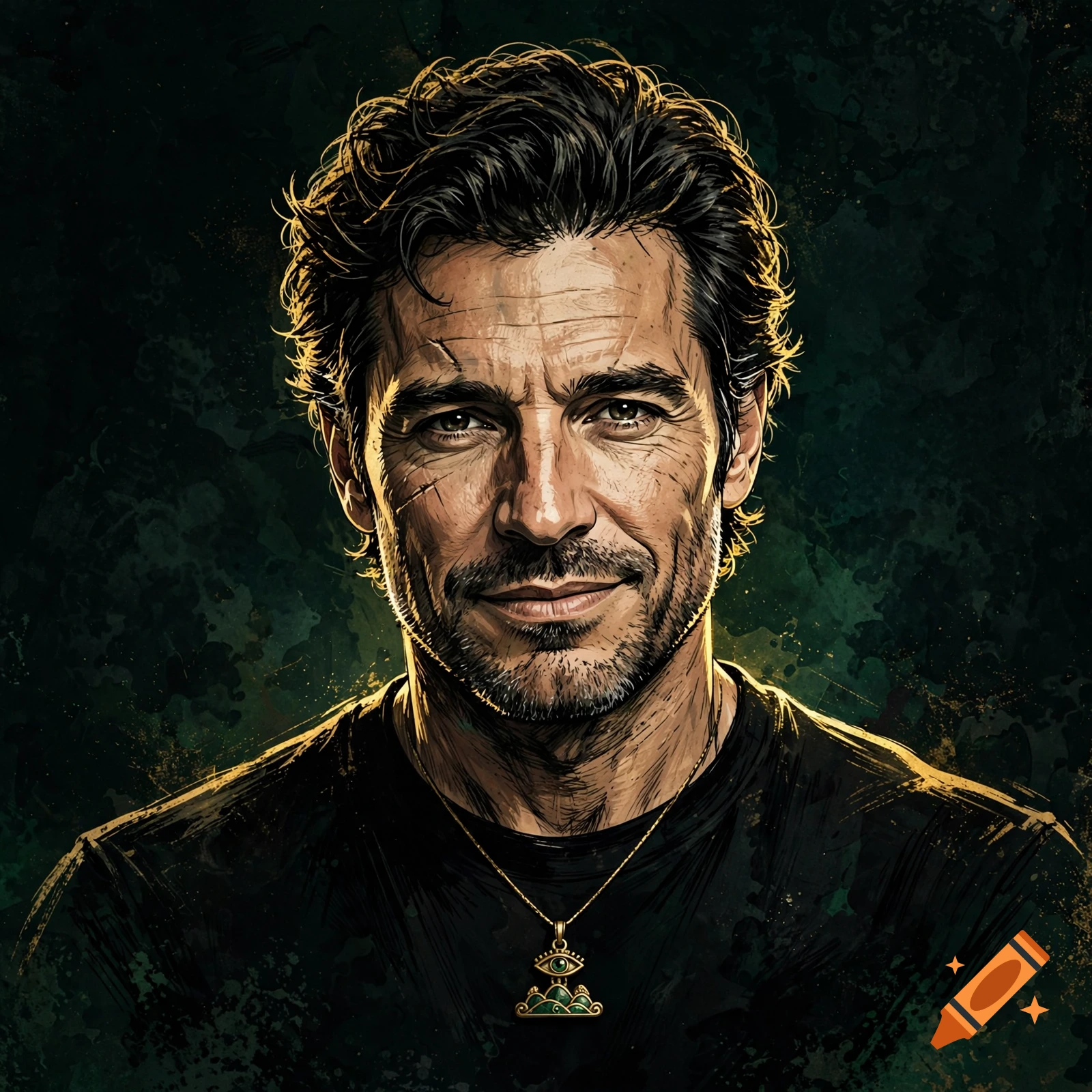 Graphic-novel style portrait of a charismatic middle-aged man with dark hair, stubble, and a gold-and-green pendant.