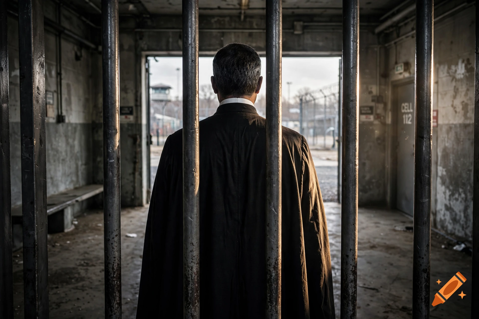 A back view of a Catholic priest in a black cassock standing behind thick iron prison bars, looking out into a courtyard.