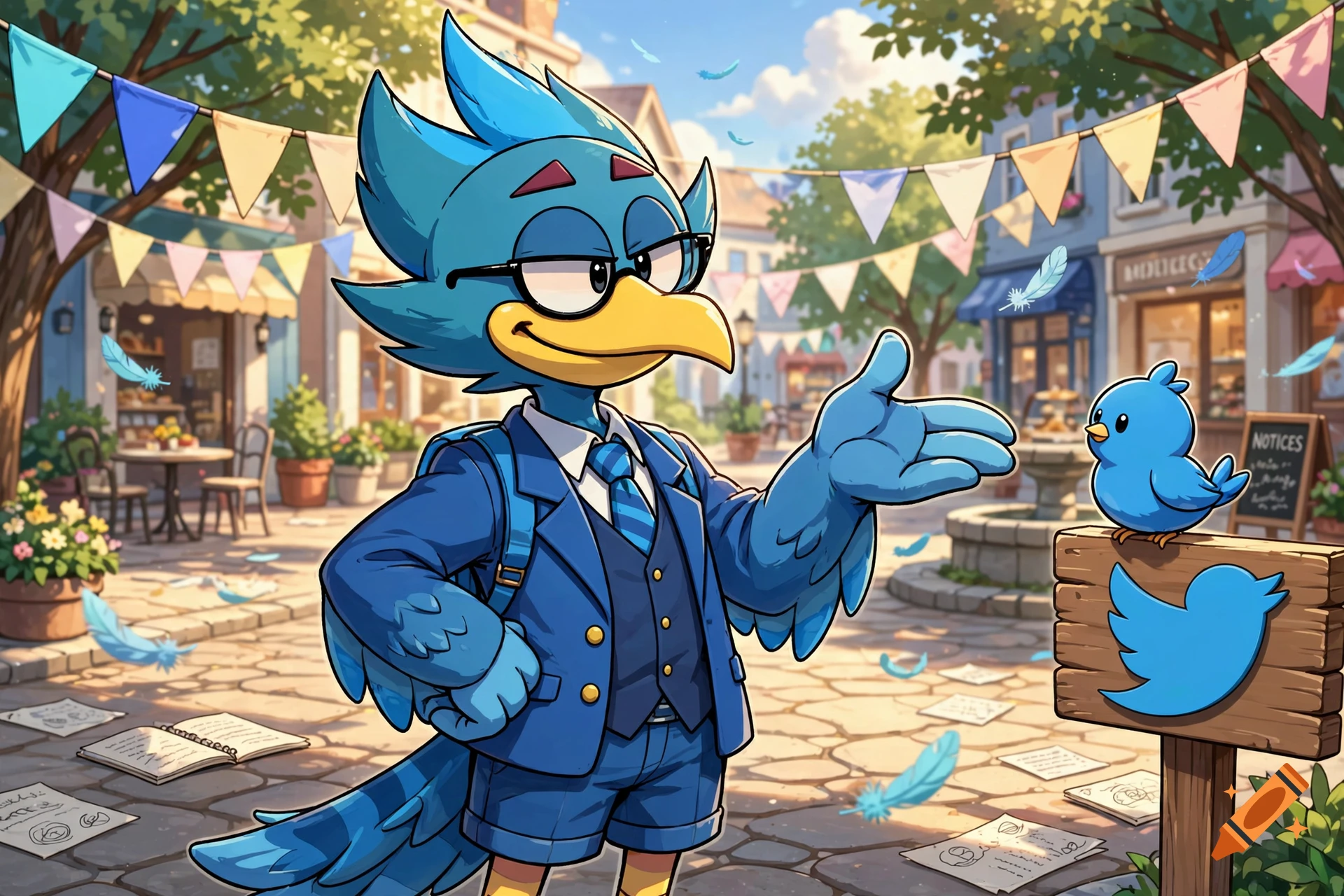 Berdly from Deltarune in a blue suit meeting the Twitter bird in a European town square, digital anime style.