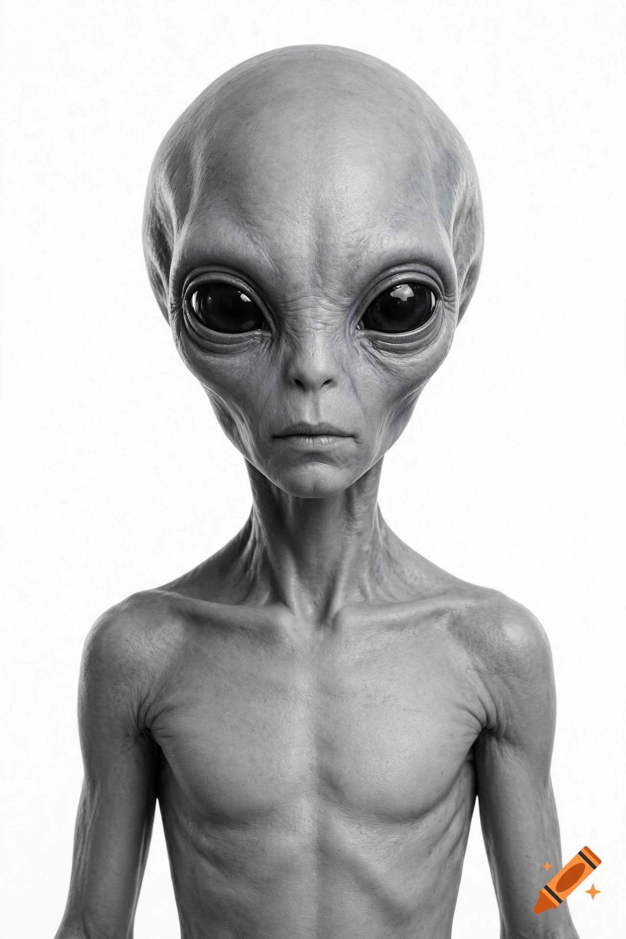 Photorealistic portrait of a grey alien against a plain white background.