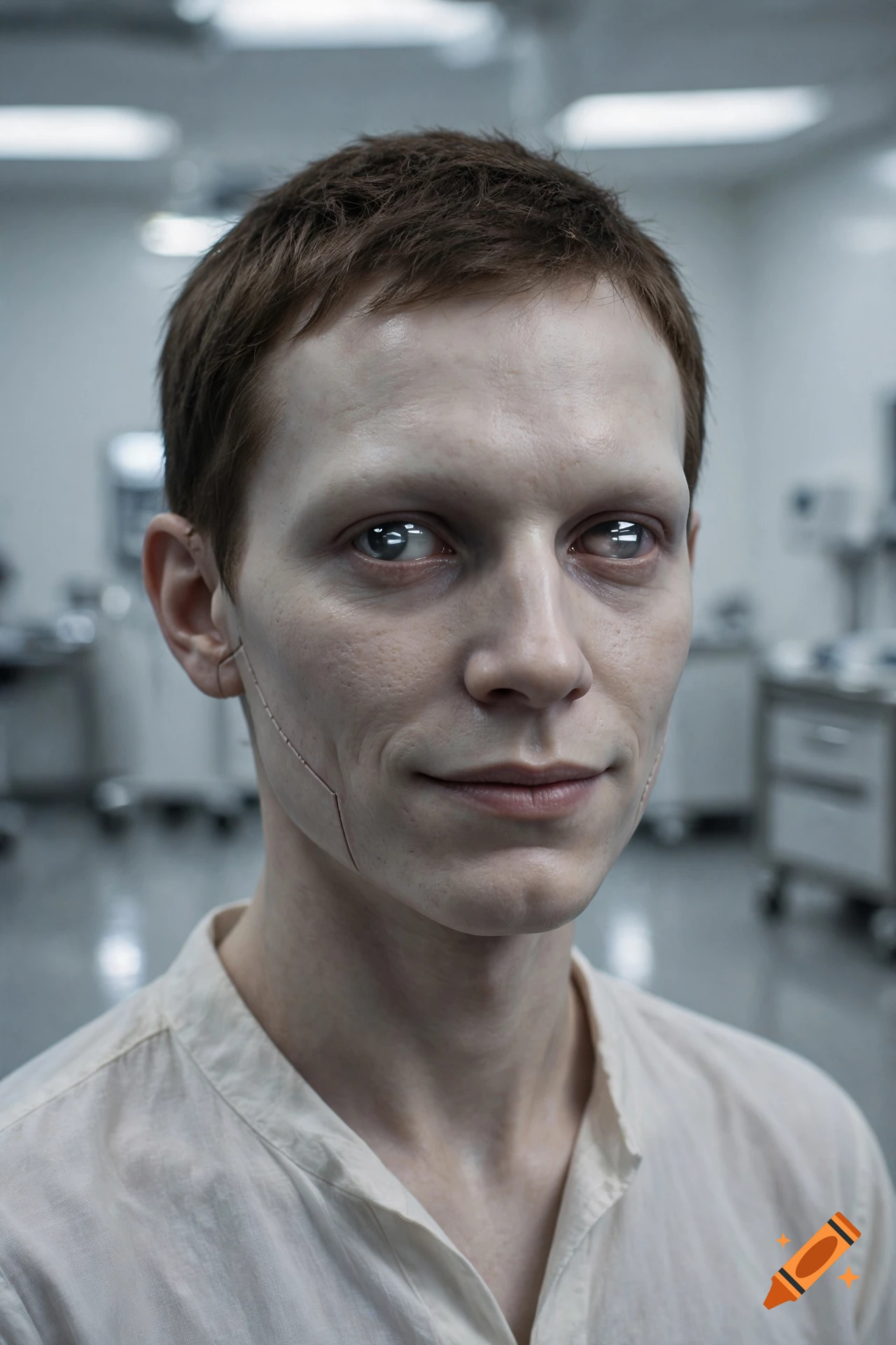 Close-up photorealistic portrait of a human-like android with short brown hair, pale skin, and subtle facial seam lines in a sterile laboratory.