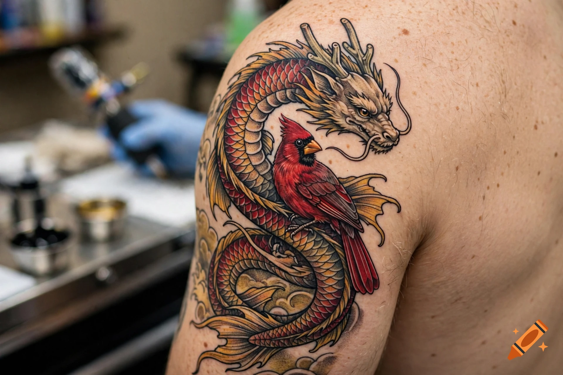 Close-up of a detailed tattoo of an Asian-style dragon and a red cardinal on a person's shoulder.