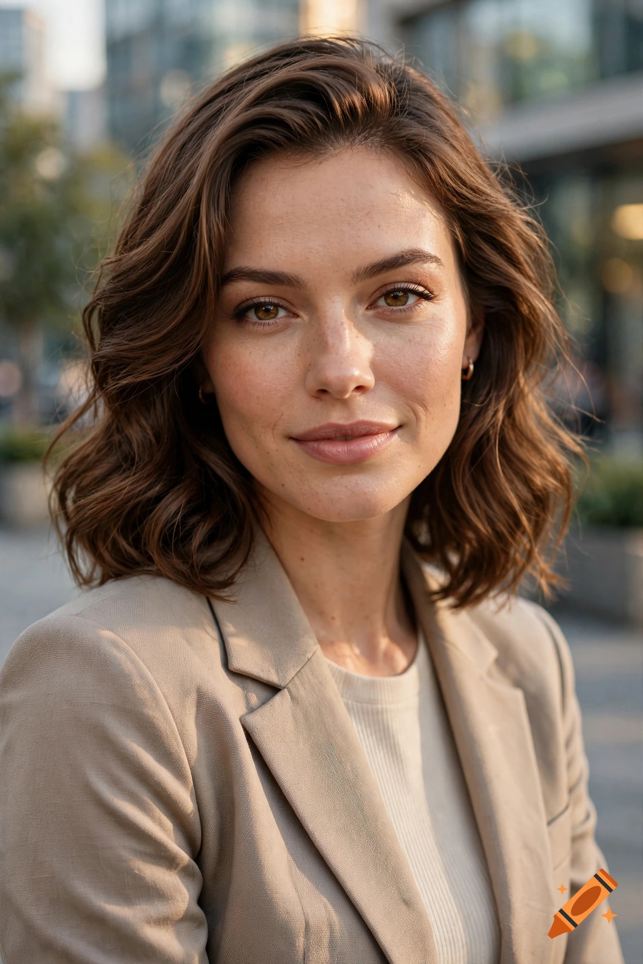 Photorealistic close-up portrait of a smiling woman with shoulder-length brown hair and freckles, wearing a beige blazer outdoors.