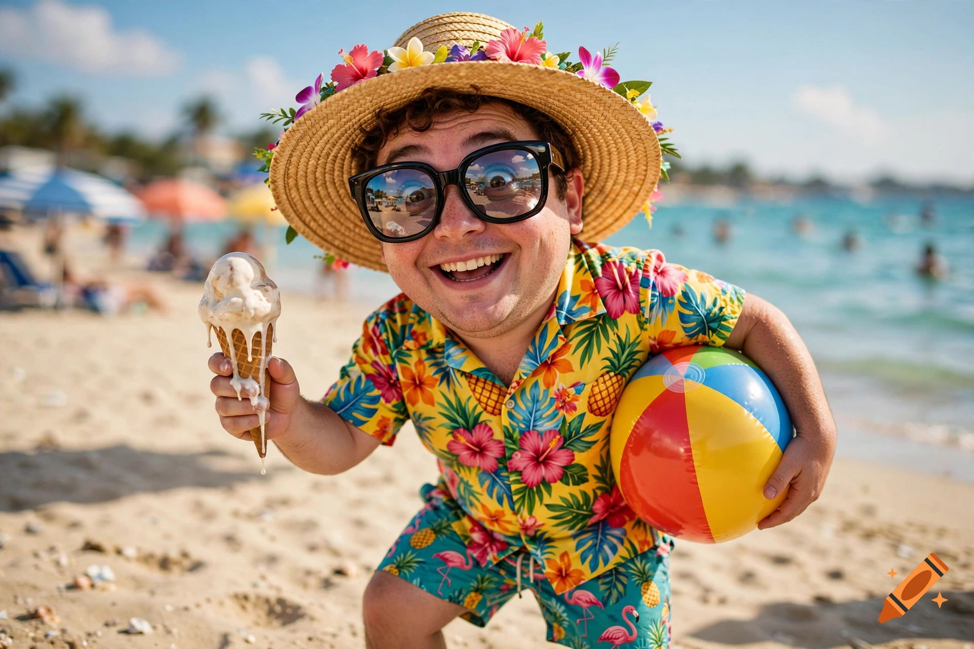 Photorealistic image of a smiling man wearing a floral shirt, flower-adorned straw hat, and sunglasses on a beach, holding a melting ice cream cone and a beach ball.