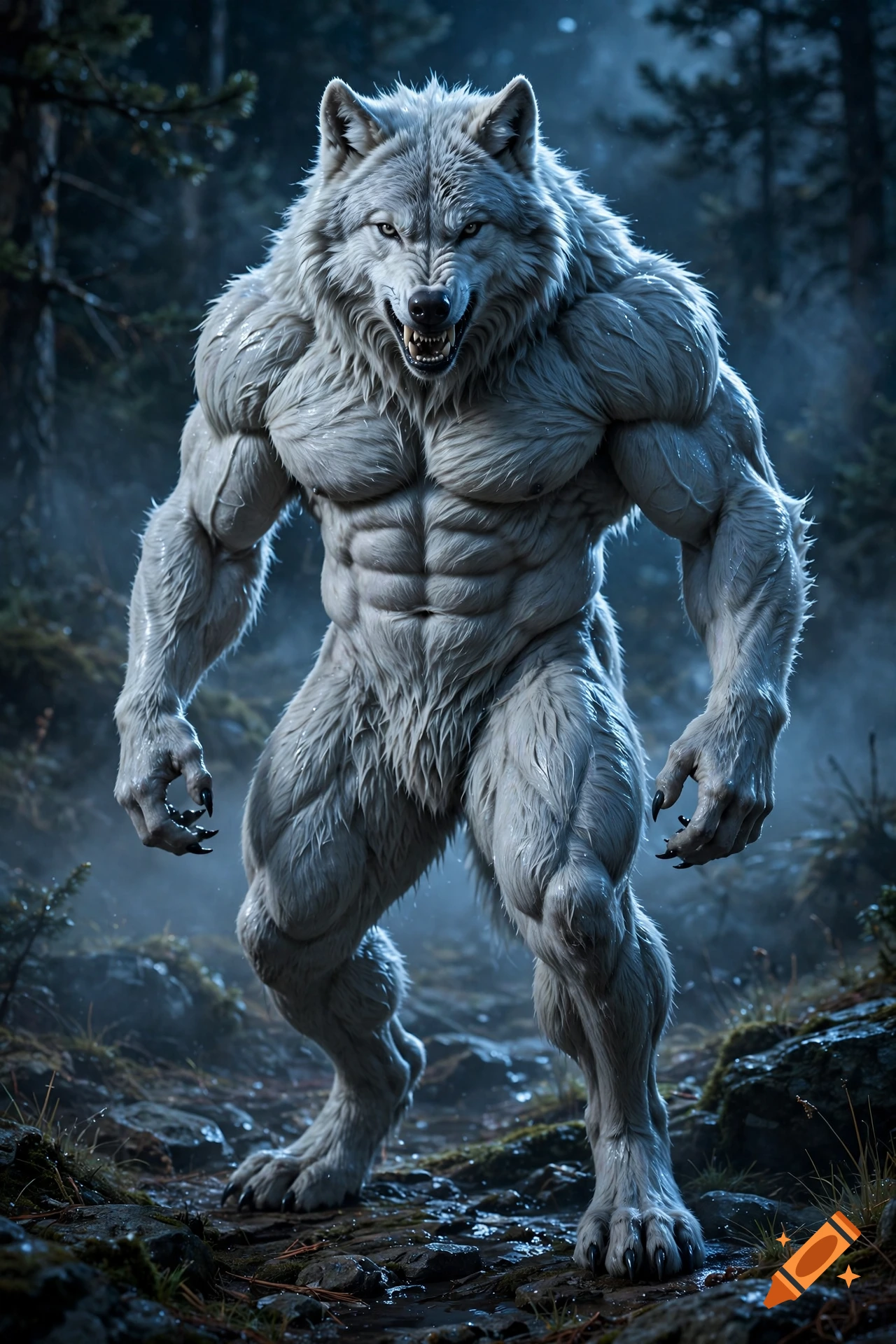 Photorealistic image of a muscular white werewolf standing in a misty dark forest.
