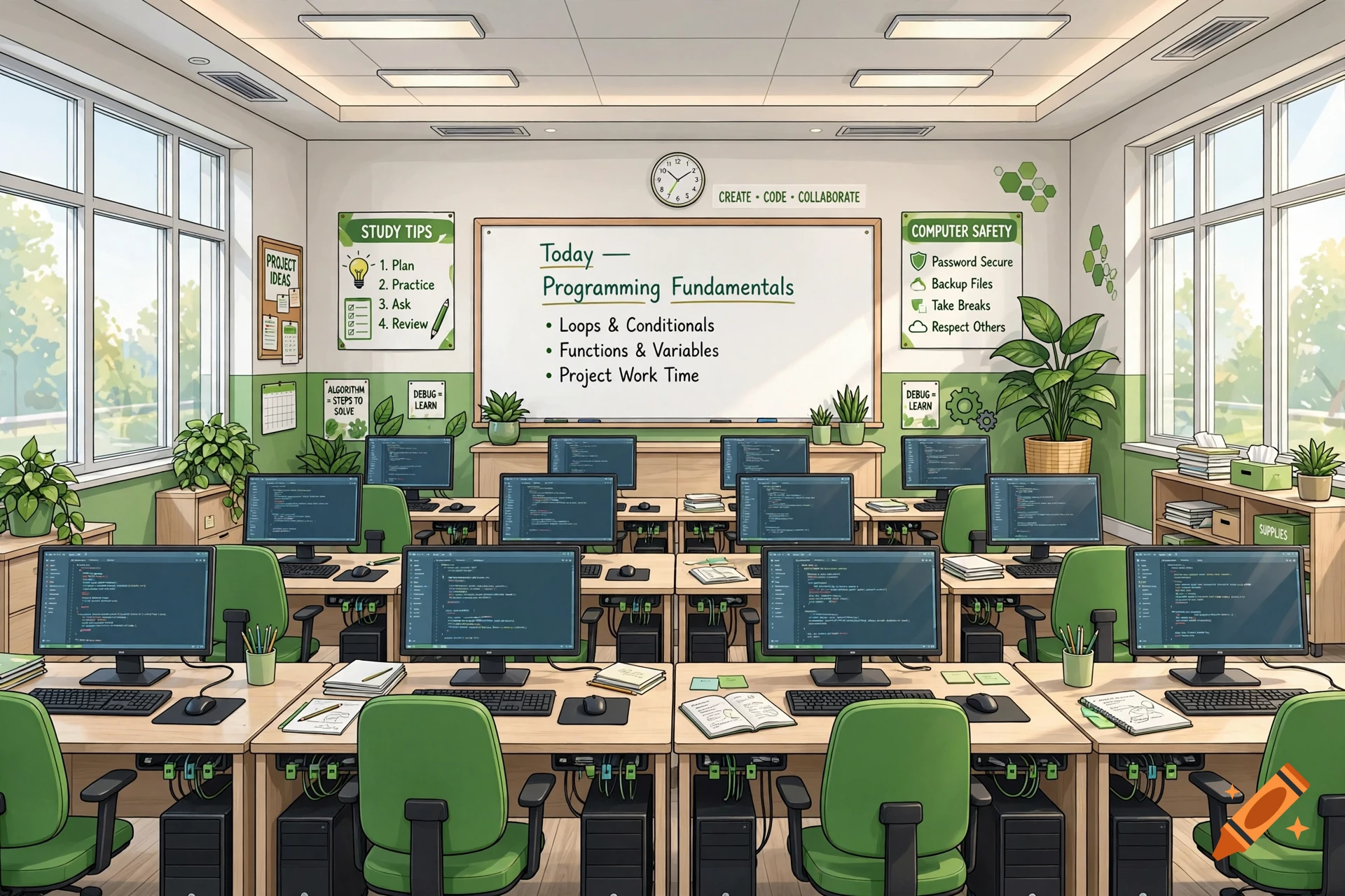 Illustrated classroom with rows of computer desks, monitors displaying code, and a whiteboard reading Programming Fundamentals.