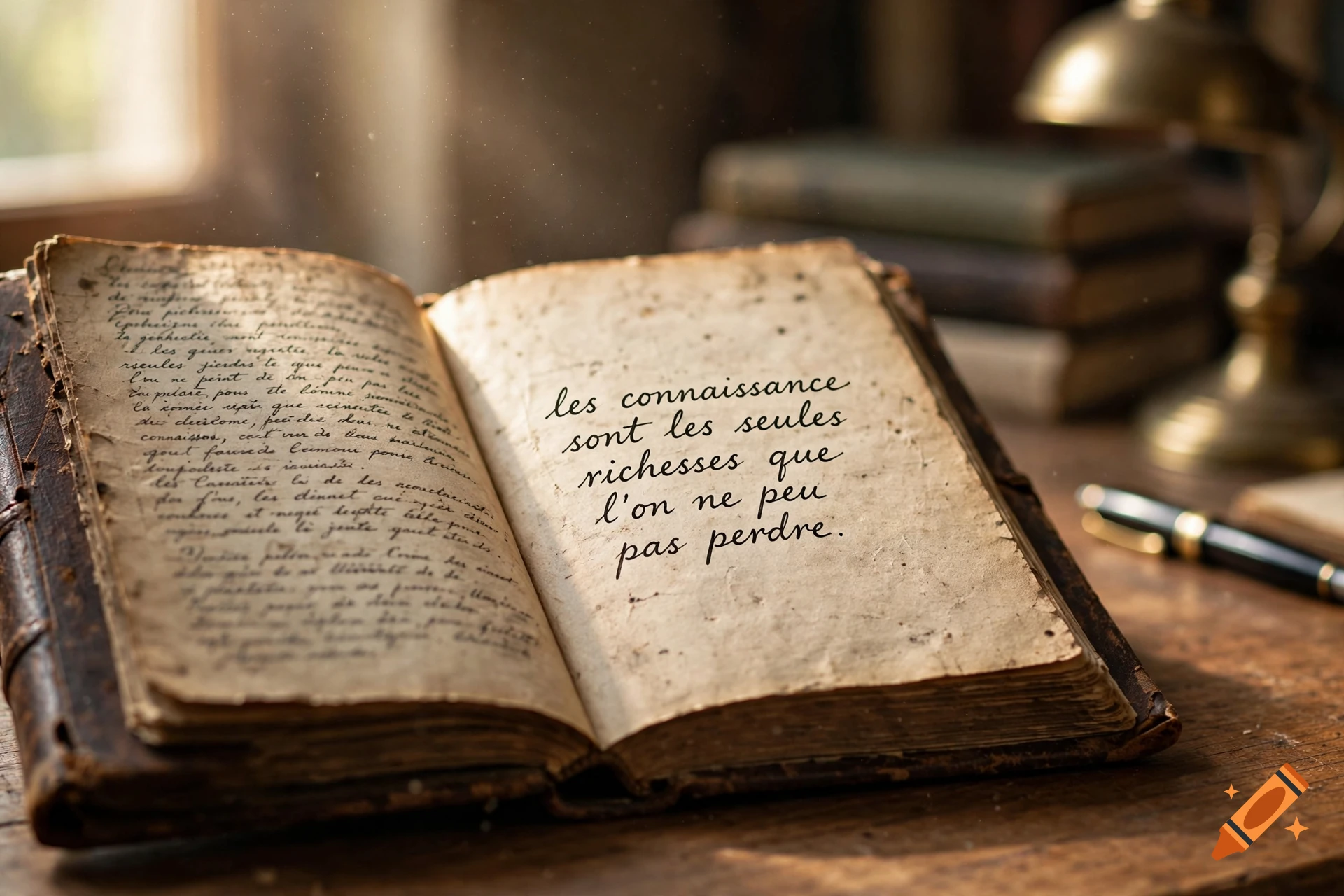 An open old book with handwritten cursive French text on yellowed pages, resting on a wooden desk with a lamp and stacked books in the background.