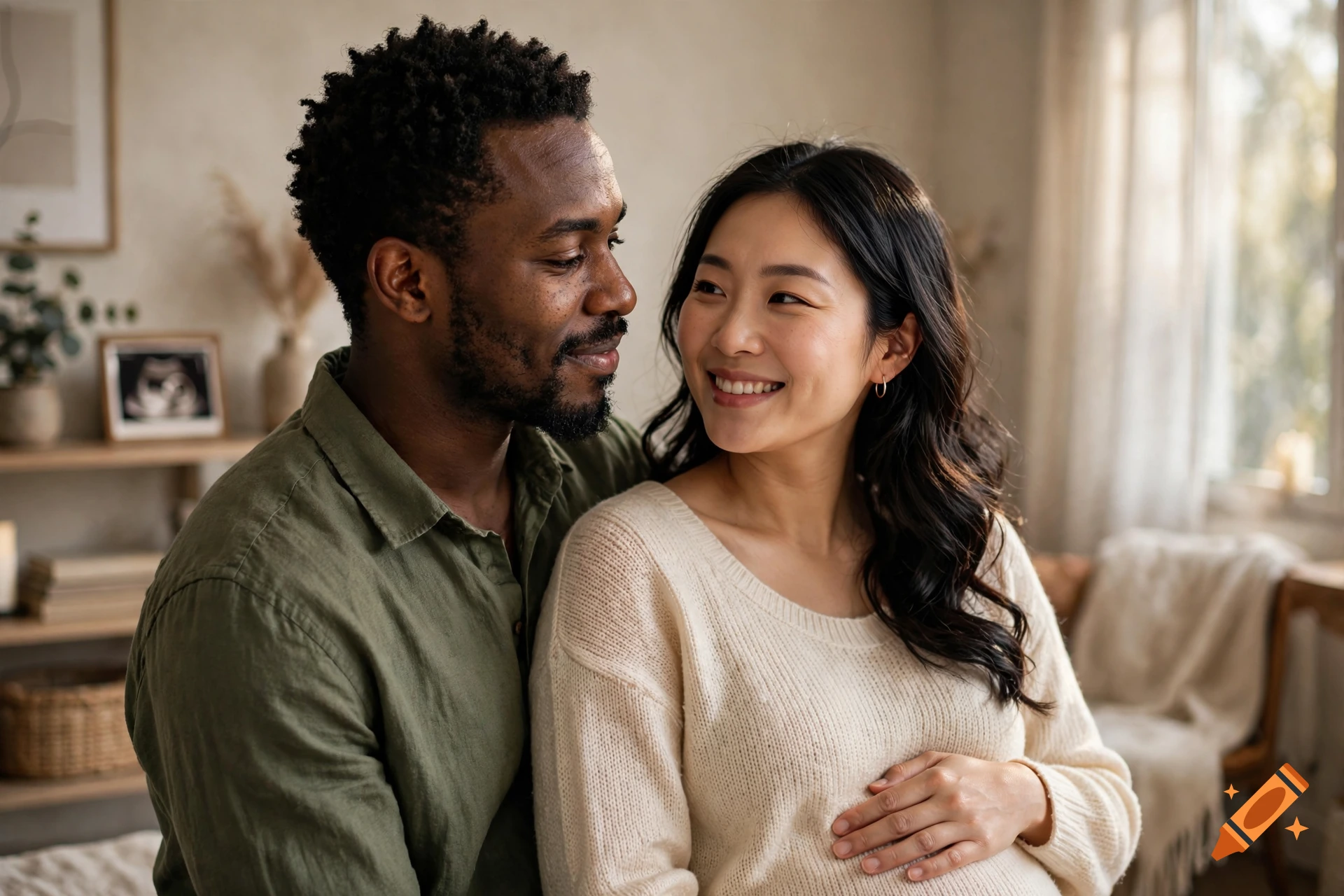 Photorealistic portrait of a Black man and his pregnant Asian wife smiling lovingly at each other indoors.