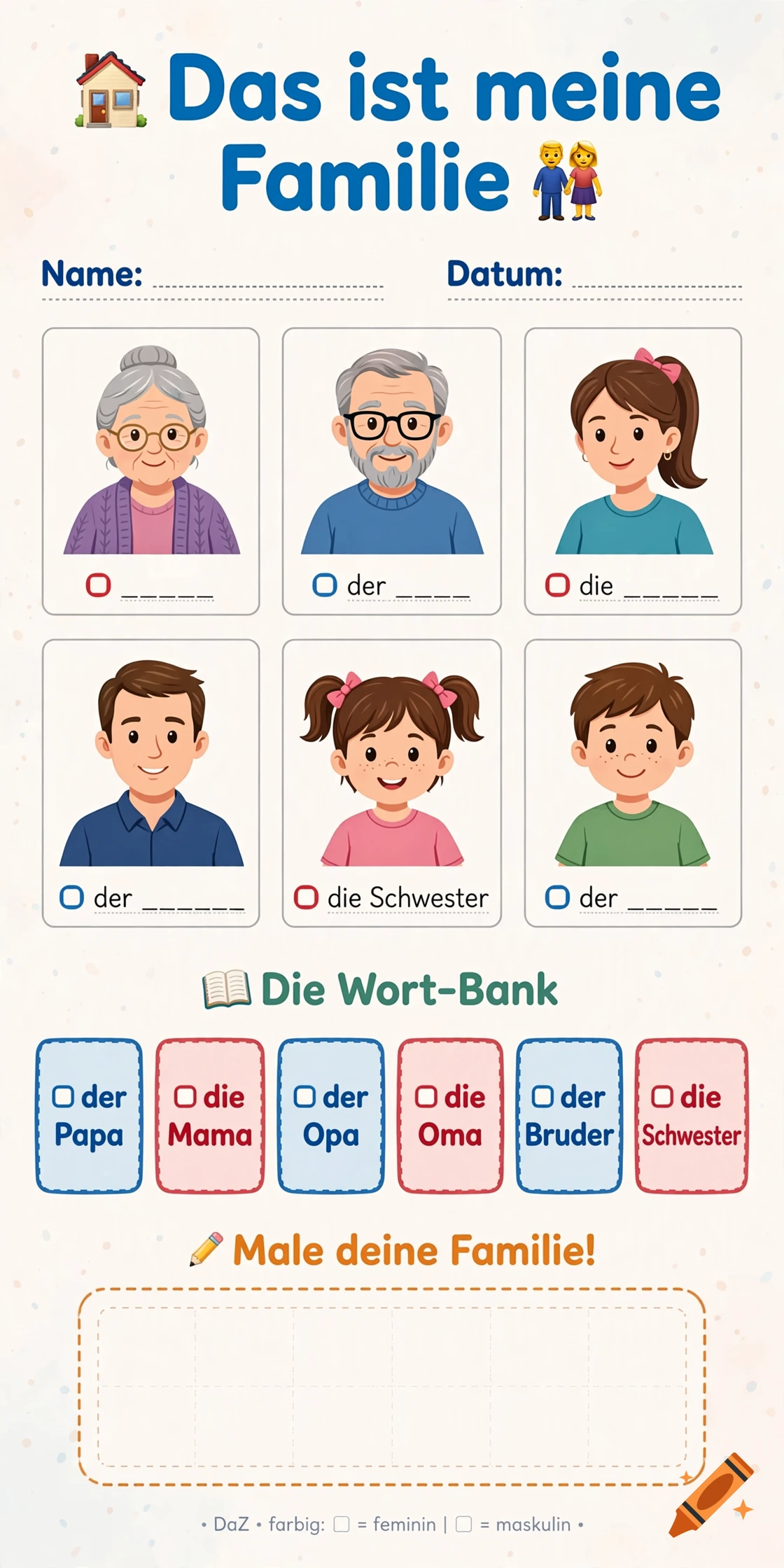 German language learning worksheet about family members with cartoon illustrations and vocabulary boxes.