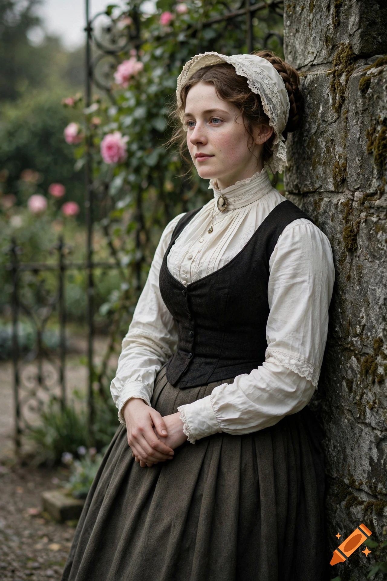 Photorealistic portrait of a young Victorian woman in period attire with a bonnet, leaning against a stone garden wall.