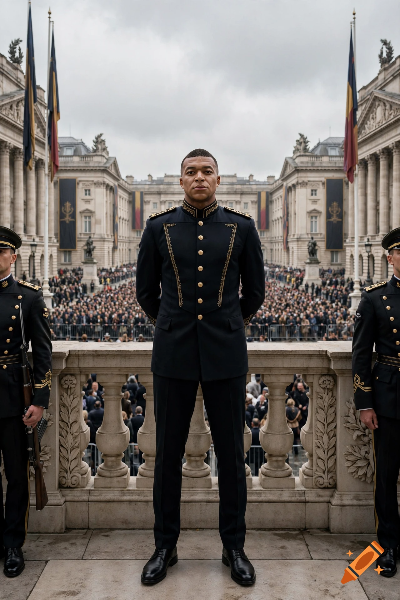 Photorealistic image of Kylian Mbappé standing on a balcony in a military dictator uniform, overlooking a large crowd in a courtyard.