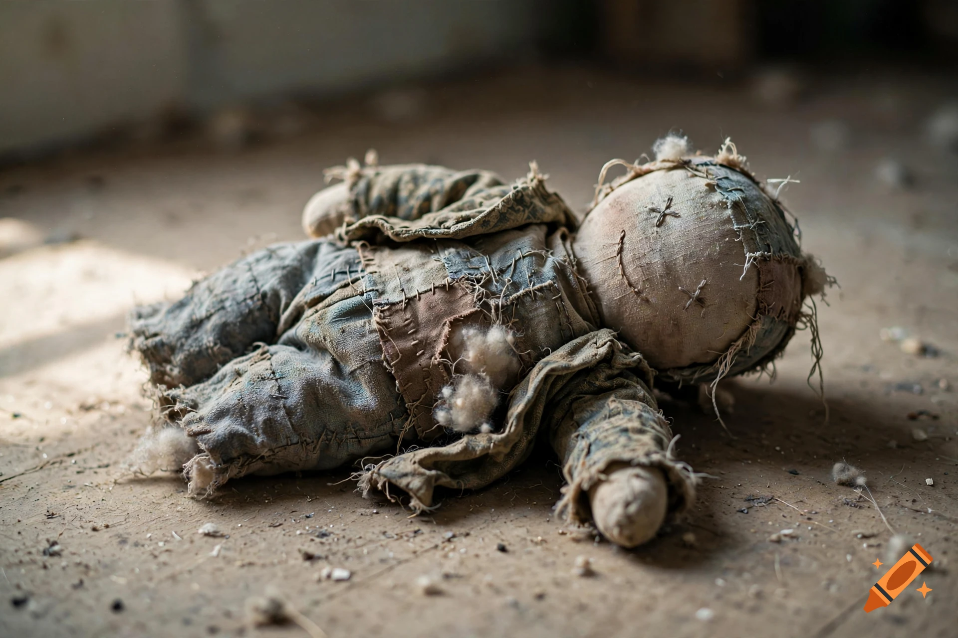 A worn, stitched rag doll lying on a dusty wooden floor, photorealistic.