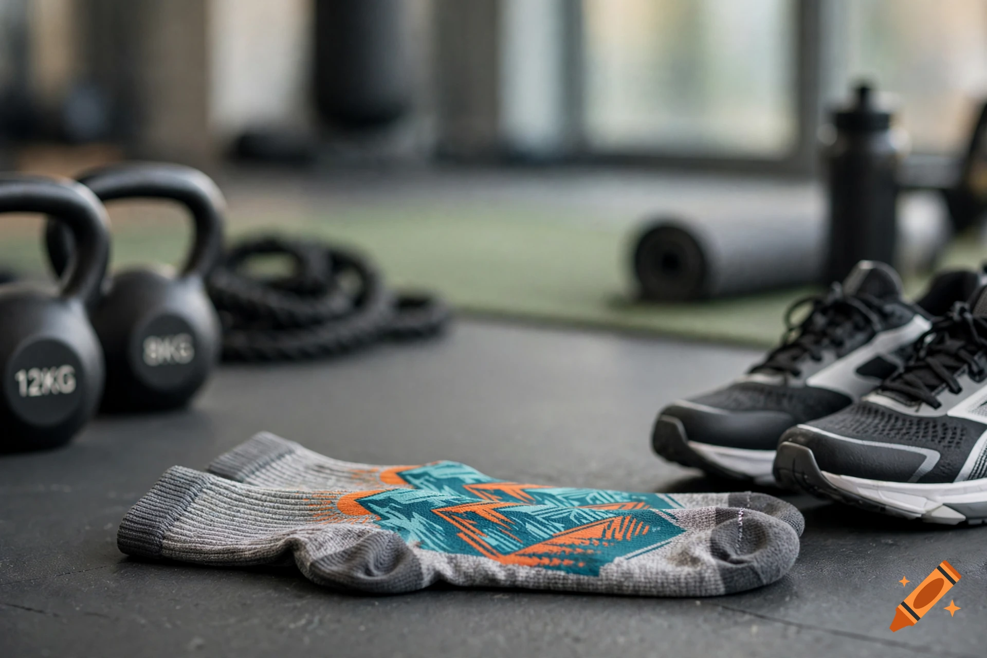 Photorealistic image of patterned athletic socks on a gym floor with kettlebells and sneakers in the background.