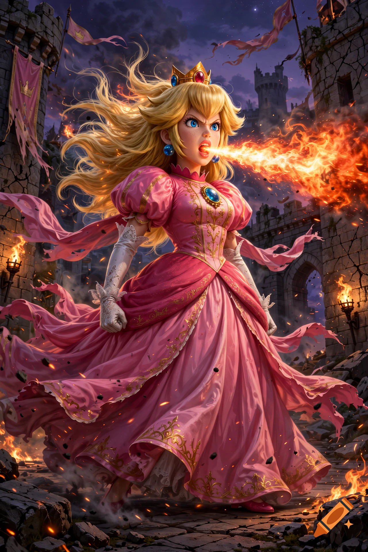 Princess Peach with blonde hair breathing fire, wearing a pink dress, standing in front of a burning castle in a fantasy style.
